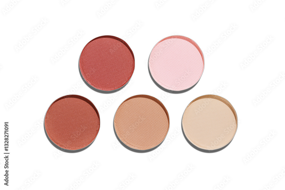 Set of colorful Swatches eyeshadow refills. Close-up of matte pans beige brown neutral pastel shade isolated on white background with shadows, detailed texture, cosmetic, beauty product, makeup Set of colorful Swatches eyeshadow refills. Close-up of matte pans beige brown neutral pastel shade isolated on white background with shadows, detailed texture, cosmetic, beauty product, makeup