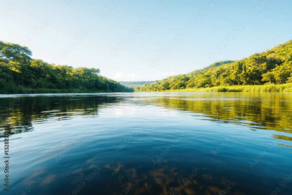 Obraz premium serene river flowing gently through green landscape under clear blue sky inviting tranquility and reflection