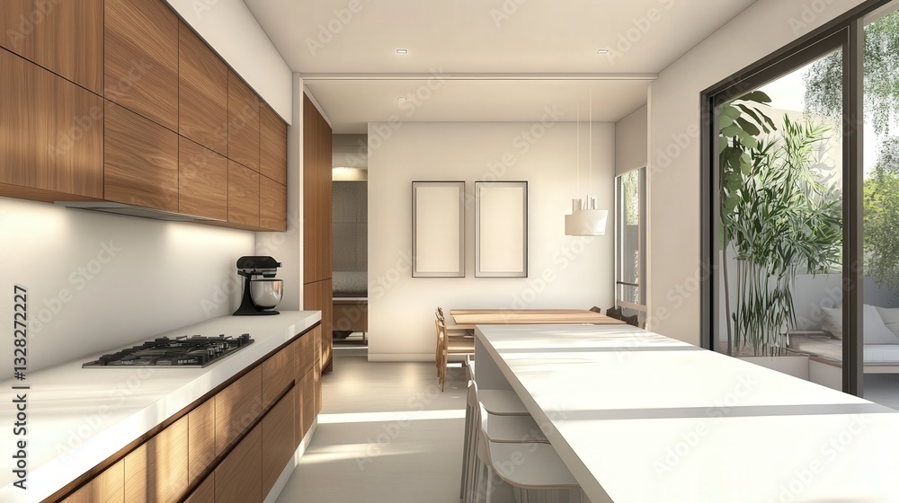 kitchen with white counters and a folding screen near a white wall.