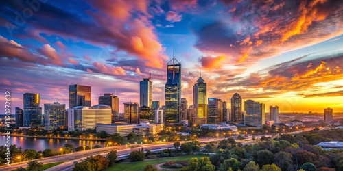 Perth City Skyline Silhouette, Dreamy Evening Sky - Stock Photo