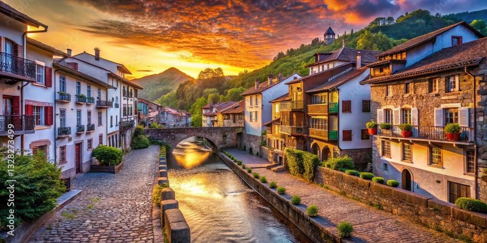 Fototapeta premium Picturesque Saint Jean Pied de Port: Medieval Architecture and Pyrenees Mountains