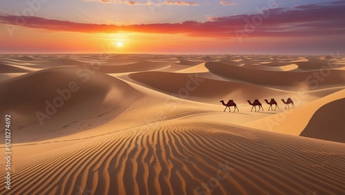 A vast, endless desert in Saudi Arabia, with golden sand dunes forming beautiful wave patterns. The sun sets on the horizon, casting orange, red, and purple hues across the sky.