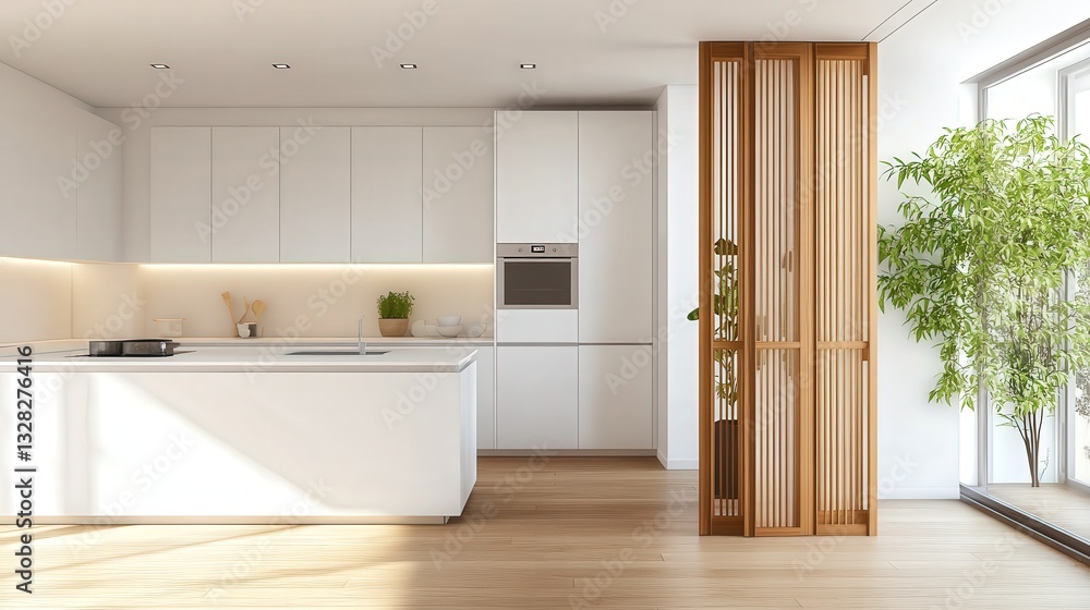 minimalist kitchen with white counters and a folding screen near a white wall, designed for space efficiency and a serene cooking environment minimalist kitchen with white counters and a folding screen near a white wall, designed for space efficiency and a serene cooking environment