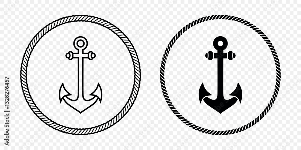 Black and White Anchor Icon Set. Flat Vector Monochrome Anchor Shapes in Circular Rope Frame. Nautical Anchor Symbols, Marine Rope Border Design. Vector Illustration