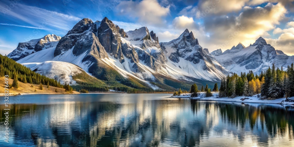 Naklejka premium Snow-covered mountain landscape with rugged peaks and serene lake in background, serene, frozen, serene, frozen