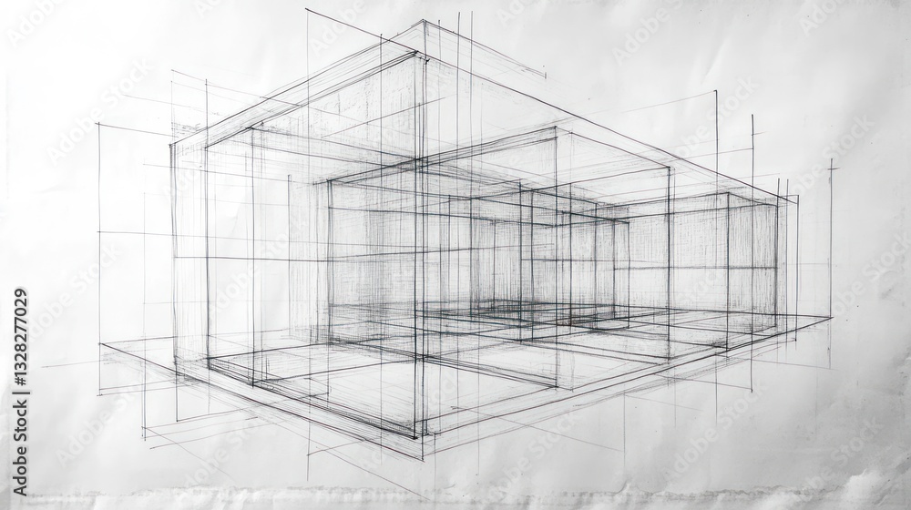 Architectural Drawing of a Building Design, Perspective Sketch Architectural Drawing of a Building Design, Perspective Sketch