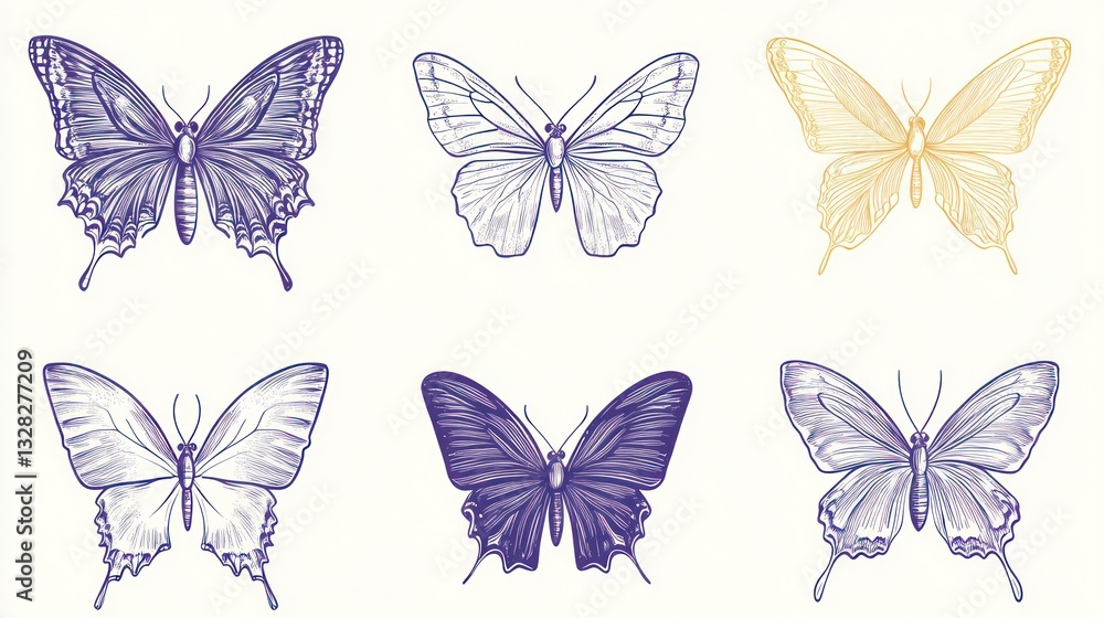 Six colorful butterflies, nature illustration, white background, design element Six colorful butterflies, nature illustration, white background, design element