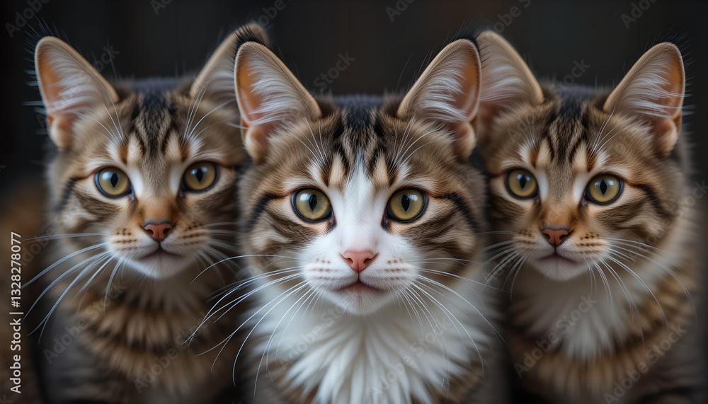 Triplet Cats with Unique Expressions and Warm Eyes Triplet Cats with Unique Expressions and Warm Eyes