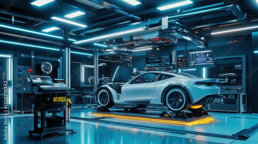 Fototapeta premium 3D robotic auto repair workshop, AI-driven diagnostics,