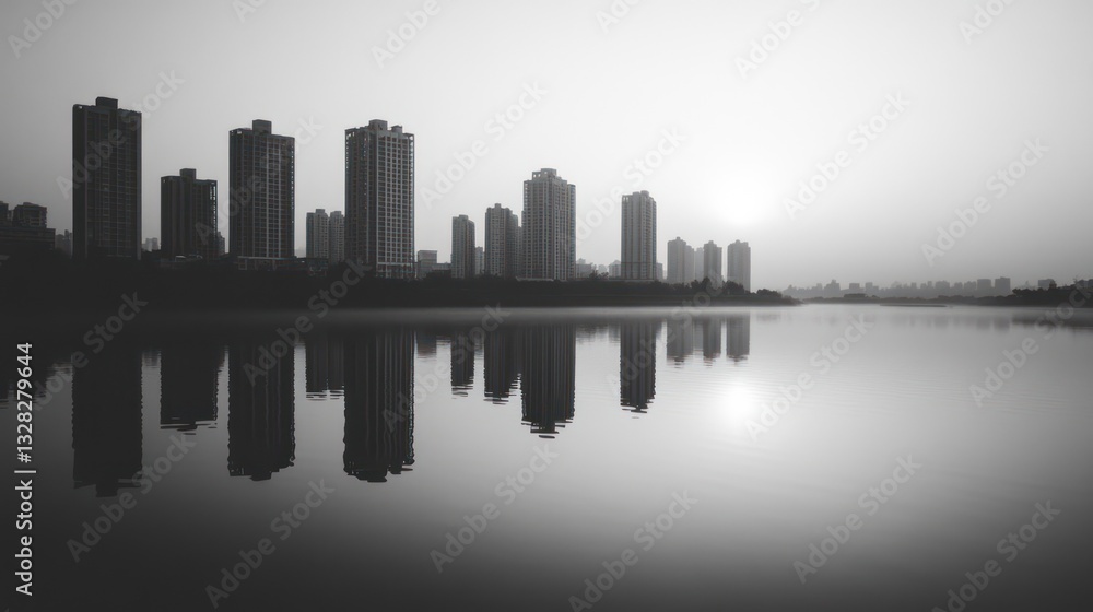 Fototapeta premium City skyline reflected in tranquil lake at dawn (1)