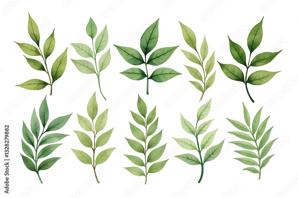 Naklejka premium Watercolor Green Leaves PNG | Botanical Foliage Clipart
