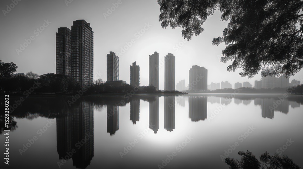 Fototapeta premium Cityscape reflected in tranquil lake at dawn