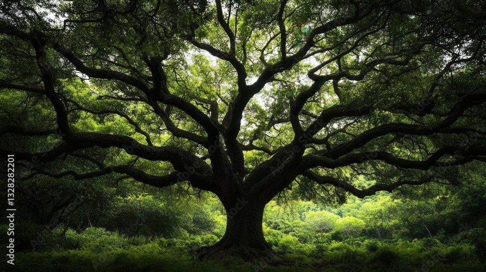 rain tree growing in a dense forest, its massive trunk and thick foliage standing out against the smaller trees, commanding attention in the landscape rain tree growing in a dense forest, its massive trunk and thick foliage standing out against the smaller trees, commanding attention in the landscape