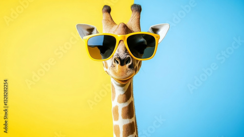 giraffe wearing sunglasses against colorful background