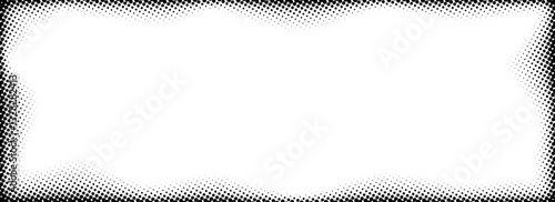 Halftone rectangle grain frame. Black comic dotted wavy border. Pop art fading gradient framing backdrop. Stipple grunge abstract background. Vector dot textured graphic design wallpaper