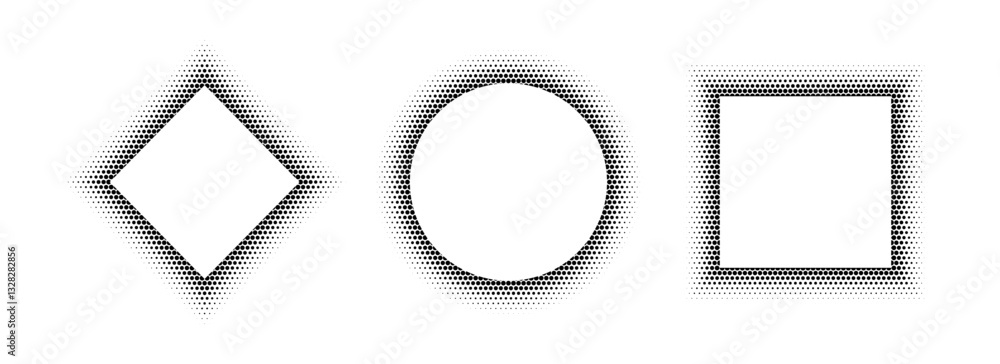 Black halftone geometric frame set. Dotted gradient border collection. Pop art comic picture holder design for banner template, copy space, emblem, poster, booklet. Vector rasterized borders pack