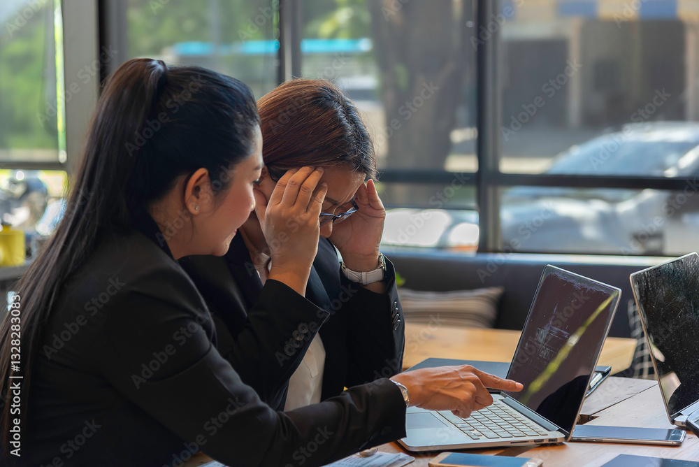 Fototapeta premium Two business women sit at desk discuss project details, diverse female colleagues met in office, share opinion, working on collaborative task