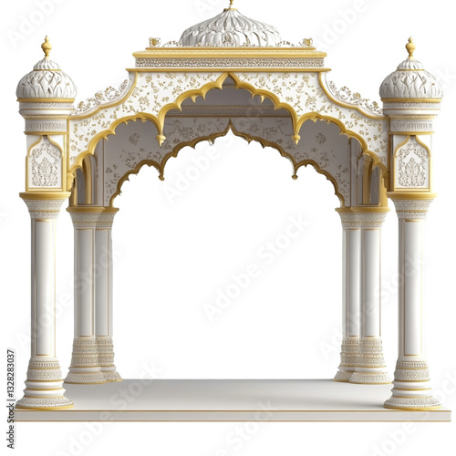 Beautiful Indian-style golden and white arch with pillars  transparent background 