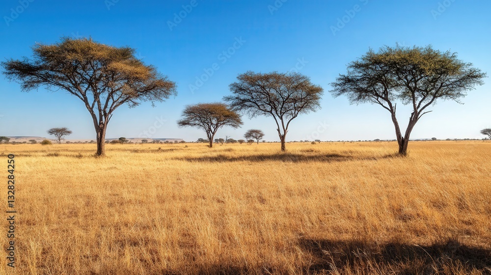 open savannah with solitary rain trees scattered across the landscape, their thick branches casting long shadows across the dry grass open savannah with solitary rain trees scattered across the landscape, their thick branches casting long shadows across the dry grass