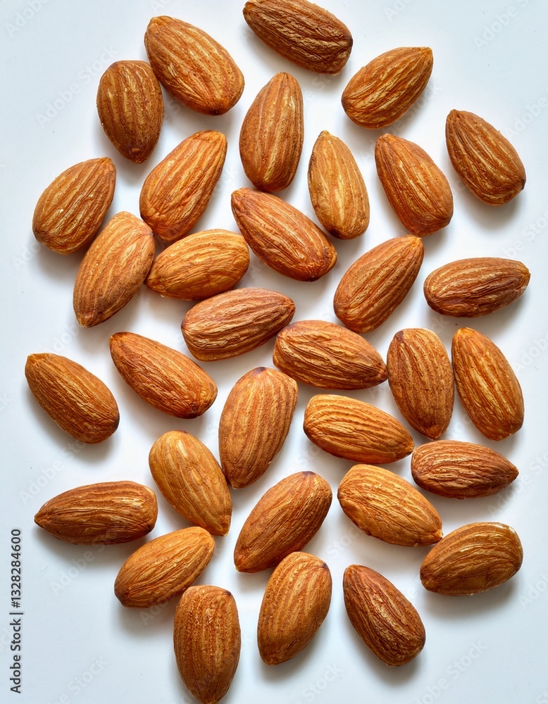 Fototapeta premium A collection of fresh, natural almonds is carefully arranged on a clean, white background. The almonds have a rich, warm brown color with a slightly rough, textured surface,.
