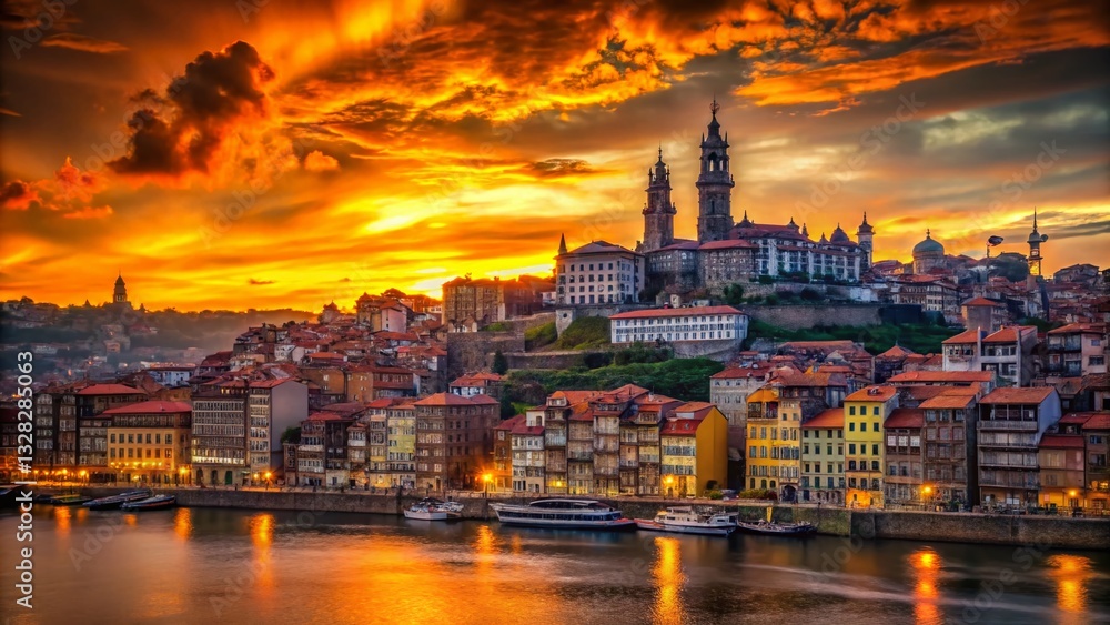 Naklejka premium Porto Cityscape Silhouette: Clerigos Tower at Sunset, Portugal