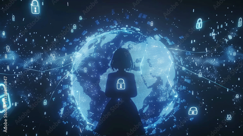 Obraz premium Silhouette of a person against a digital globe with security locks representing global cybersecurity and data privacy