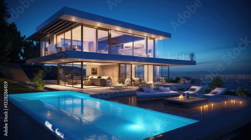 illuminated modern house night