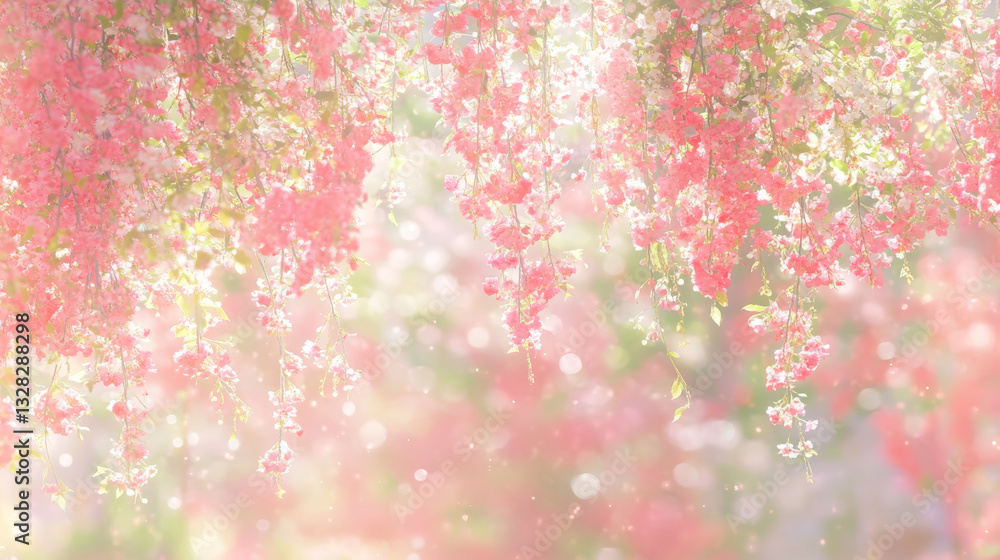 Soft pink flowers cascading down with dreamy pastel background, creating serene atmosphere Soft pink flowers cascading down with dreamy pastel background, creating serene atmosphere