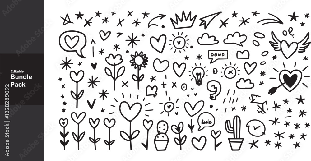 Doodle Art Bundle Pack: Hand-Drawn Hearts, Flowers, Stars, Clouds, and Cute Elements Vector Illustration for Graphic Design Projects Doodle Art Bundle Pack: Hand-Drawn Hearts, Flowers, Stars, Clouds, and Cute Elements Vector Illustration for Graphic Design Projects