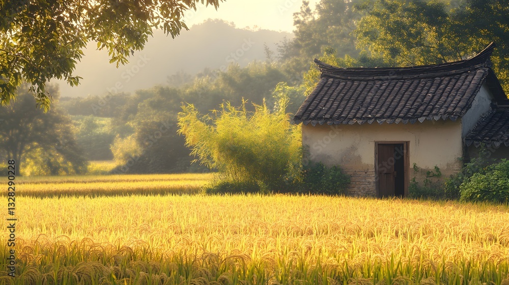 Sunset over golden rice fields with a traditional house in the countryside Sunset over golden rice fields with a traditional house in the countryside