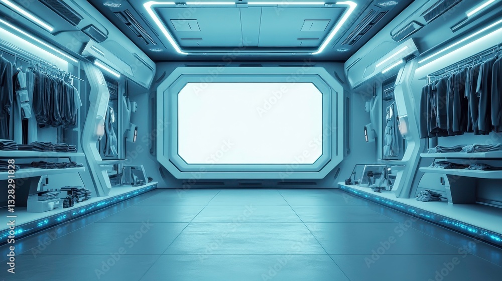 Fototapeta premium Futuristic clothing display sci-fi store interior design modern environment wide angle view retail concept