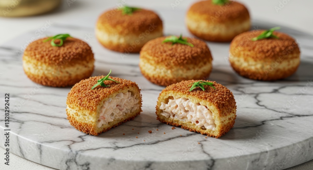 Delicious Crispy Breaded Seafood Appetizers on Marble Close up View Delicious Crispy Breaded Seafood Appetizers on Marble Close up View