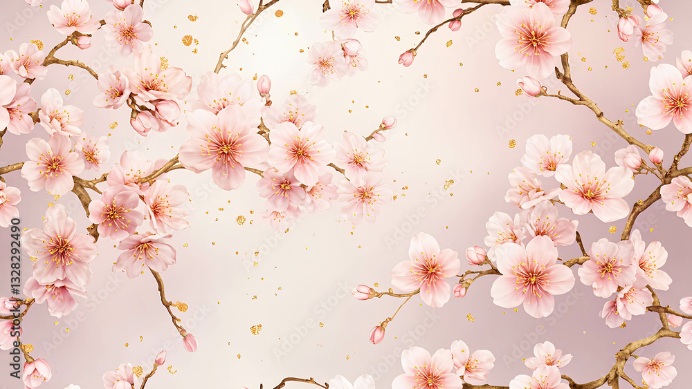 Fototapeta premium A delicate cherry blossom seamless pattern with soft pink sakura flowers in full bloom, detailed petals with gentle shading, and scattered golden speckles for an elegant touch