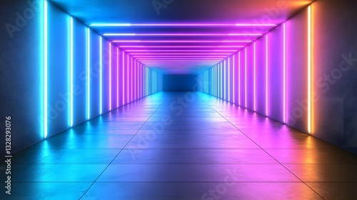 A futuristic tunnel glows vibrantly with colored neon lighting