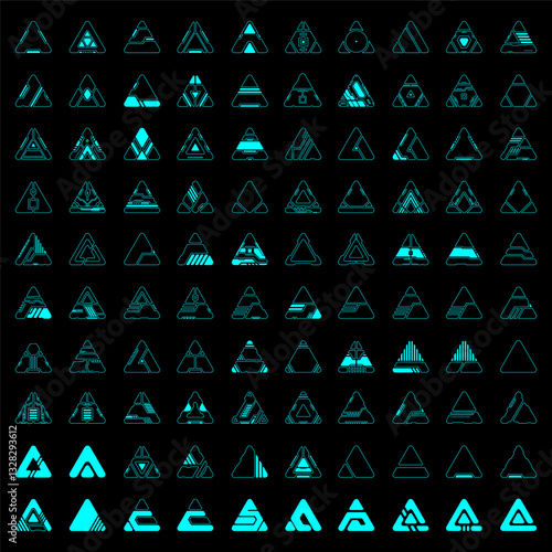 Technology frame hud 100 shape of a grid of glowing teal triangles, each with a unique design, creating a modern and abstract pattern