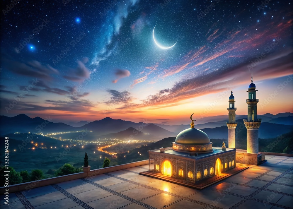 Obraz premium Ramadan Night Prayer: Starry Sky, Dramatic Landscape, New Moon