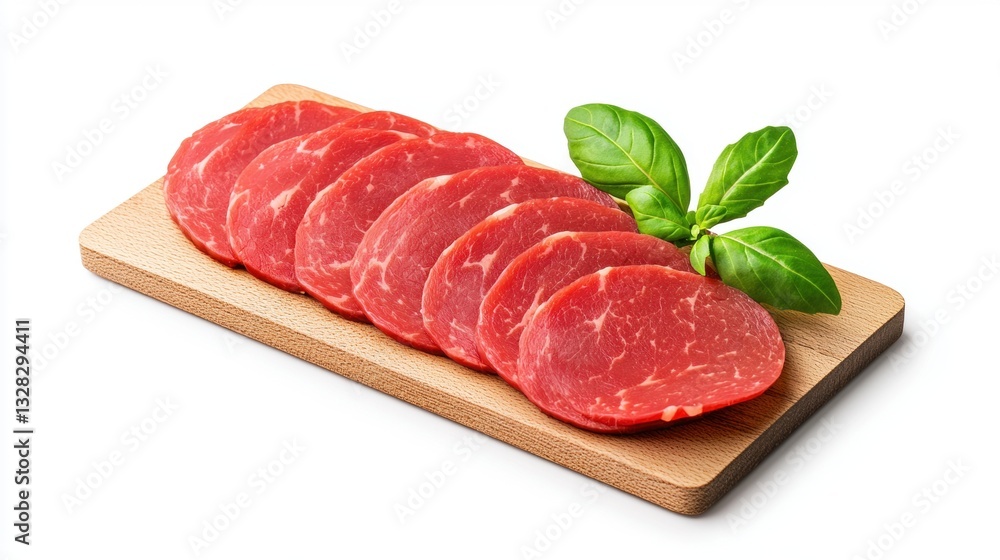 Slices of fresh, red meat arranged neatly on a wooden board, garnished with green basil leaves. Slices of fresh, red meat arranged neatly on a wooden board, garnished with green basil leaves.