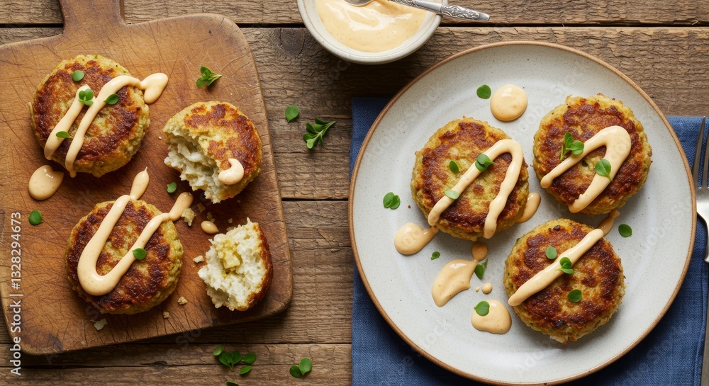 Delicious Crispy Fried Crab Cakes with Creamy Sauce overhead view Delicious Crispy Fried Crab Cakes with Creamy Sauce overhead view