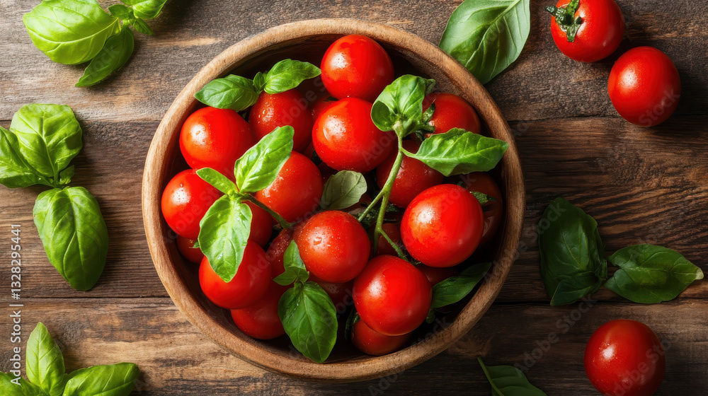 A bowl of fresh cherry tomatoes and basil leaves on a wooden table. A bowl of fresh cherry tomatoes and basil leaves on a wooden table.