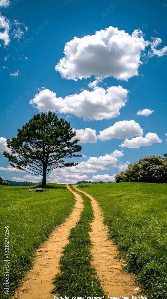 Scenic winding path through lush green field under bright blue sky with fluffy clouds and solitary tree Scenic winding path through lush green field under bright blue sky with fluffy clouds and solitary tree