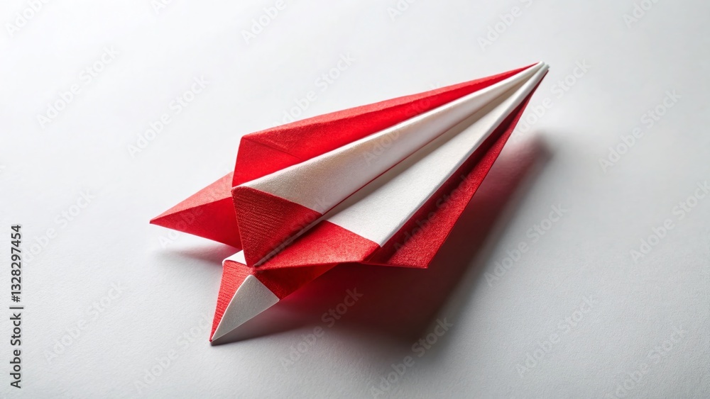 Red and White Origami Rocket on White Background - Minimalist Paper Craft Stock Photo Red and White Origami Rocket on White Background - Minimalist Paper Craft Stock Photo