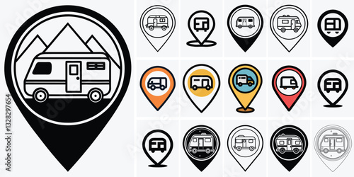 Camper Van Location Icon Set - RV Travel, Caravan, Motorhome GPS Pin Vector Design