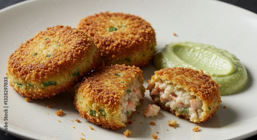 Crispy Fried Fish Cakes with Creamy Avocado Sauce Delicious Appetizer Crispy Fried Fish Cakes with Creamy Avocado Sauce Delicious Appetizer