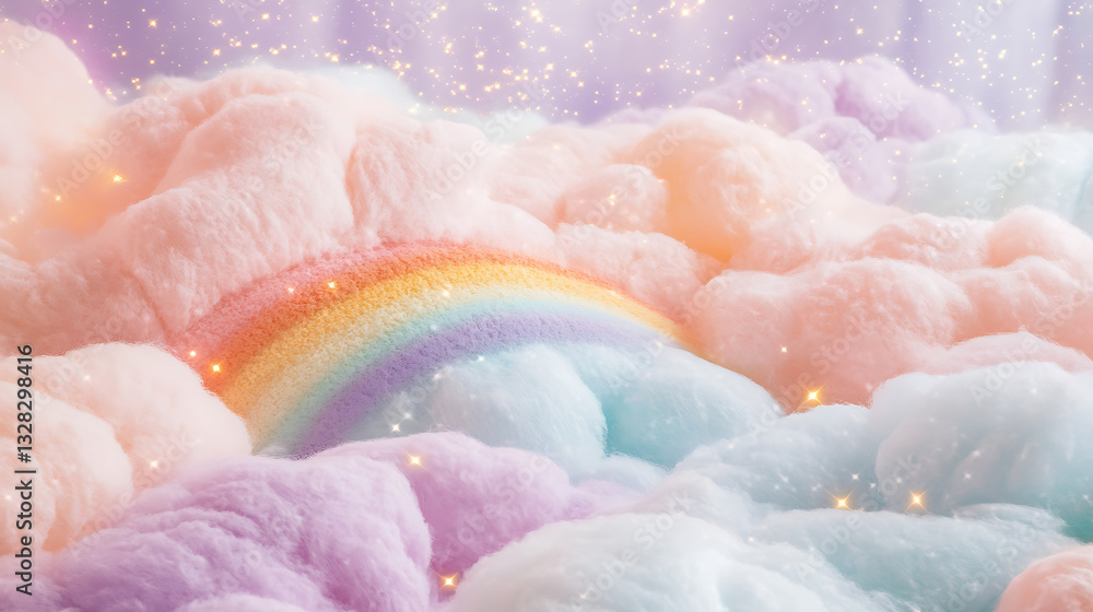 Fototapeta premium Dreamy Pastel Sky with Rainbow, Fluffy Clouds, and Sparkling Stars Fantasy Background,Abstract kawaii colorful sky rainbow,soft pastel comic graphic concept,Magical rainbow,pastel rainbow unicorn back