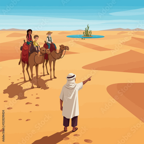 Camel Ride in Desert Guiding to Oasis Illustration with People