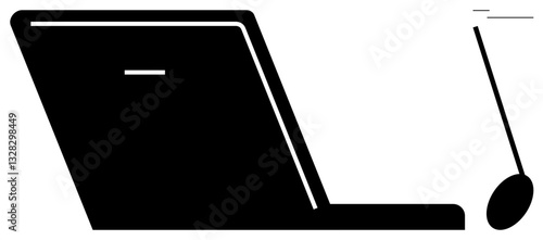 Open laptop and standalone microphone symbolizing remote work, online meetings, and virtual communication. Ideal for technology, education, podcasting, broadcasting, telecommuting, digital tools