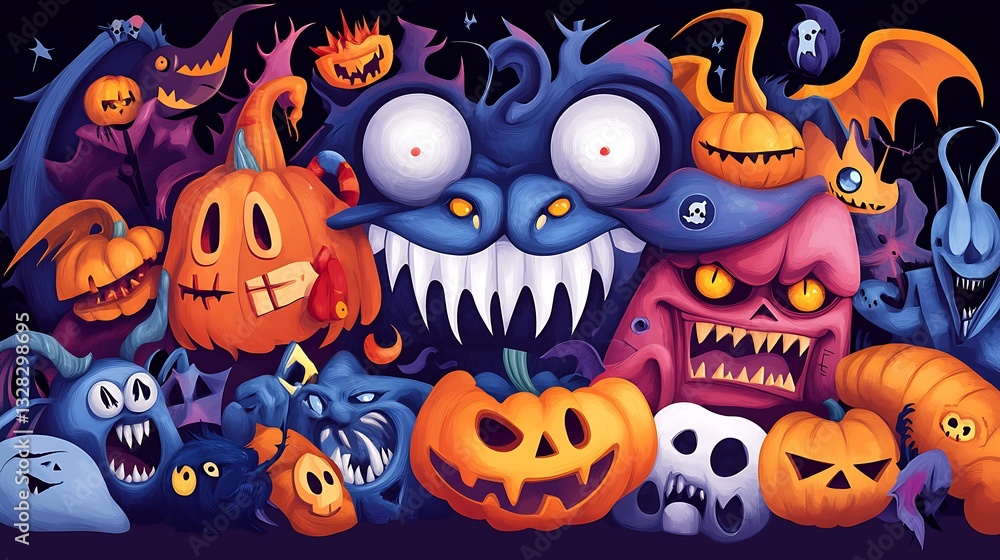 Spooky Halloween Night Digital Painting: A Menagerie of Grinning Pumpkins and Monsters AI Generated Spooky Halloween Night Digital Painting: A Menagerie of Grinning Pumpkins and Monsters AI Generated