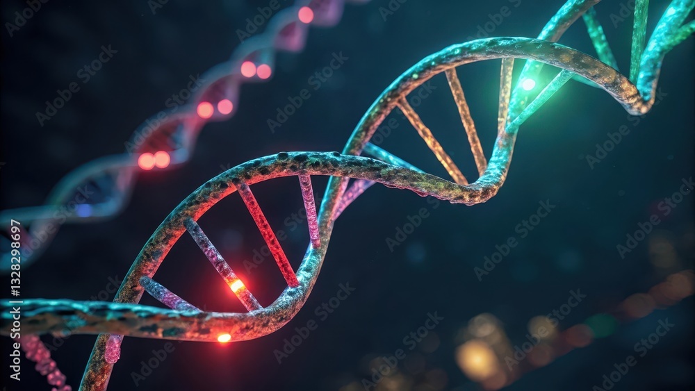 3D rendering of a colorful DNA double helix structure with glowing elements. 3D rendering of a colorful DNA double helix structure with glowing elements.