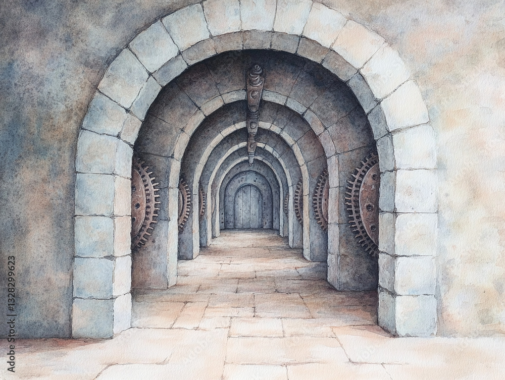 Fototapeta premium Mysterious Stone Tunnel with Gears