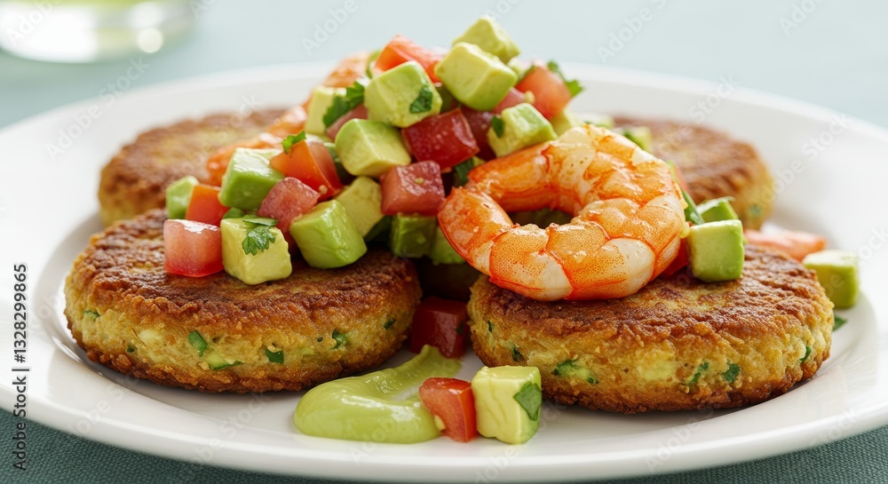 Delicious Shrimp and Quinoa Cakes with Avocado Salsa Gourmet Food Photography Delicious Shrimp and Quinoa Cakes with Avocado Salsa Gourmet Food Photography